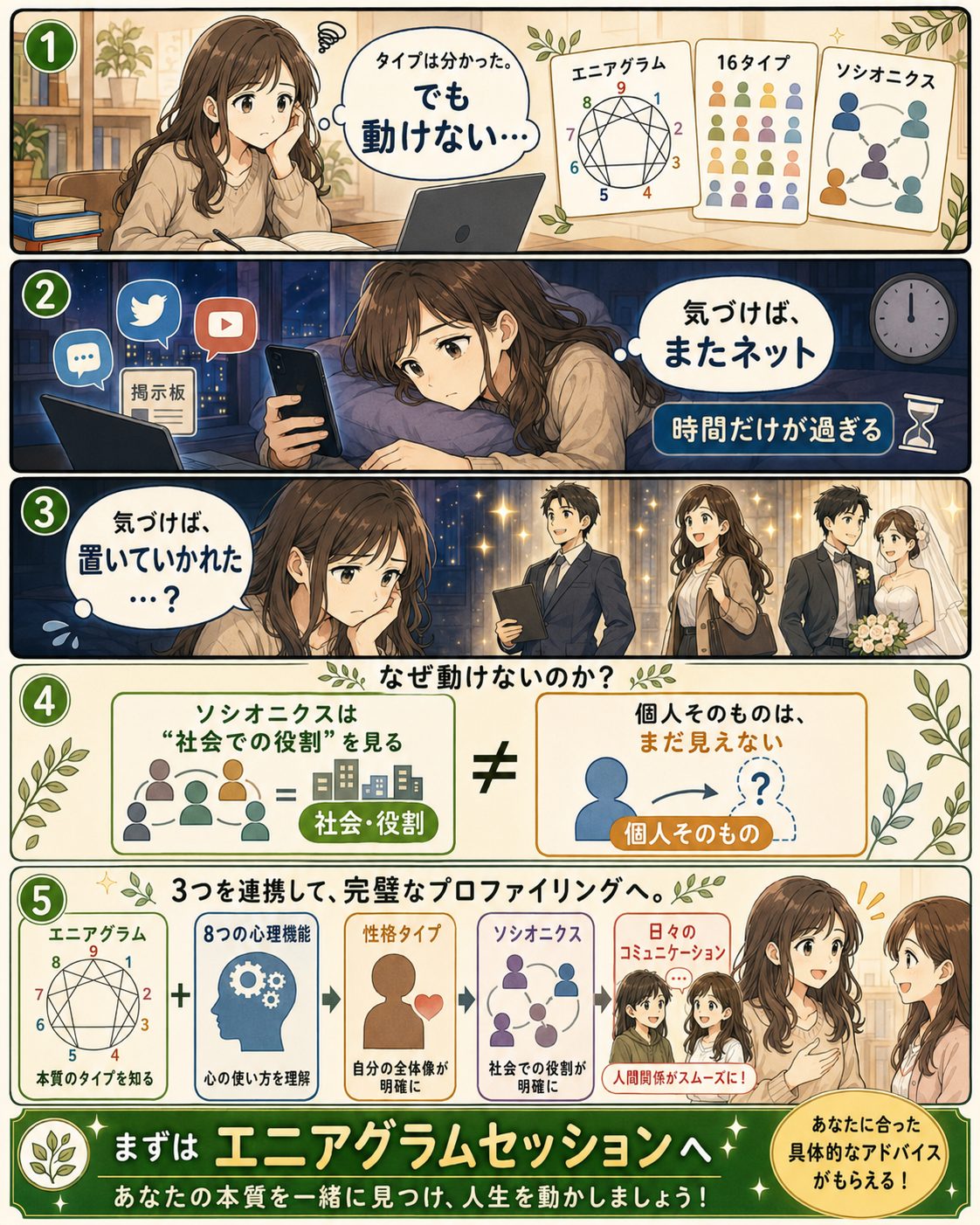エニアグラム・16タイプ・ソシオニクスを連携して自己理解を深める案内漫画